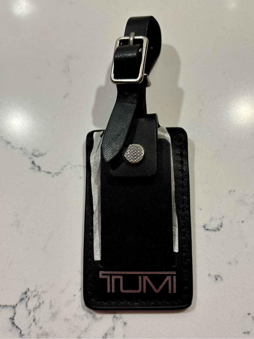 New Tumi Black Leather ID Luggage Tag with Silver Hardware